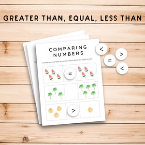 May include: A printable worksheet for comparing numbers with images of popsicles, palm trees, and oranges. The worksheet includes the symbols for greater than, less than, and equal to.