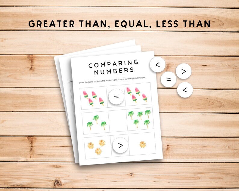 May include: A printable worksheet for comparing numbers with images of popsicles, palm trees, and oranges. The worksheet includes the symbols for greater than, less than, and equal to.