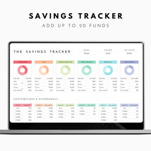 May include: A laptop displaying a digital savings tracker. The screen shows a spreadsheet with sections for various savings goals, including vacation, car, and home repairs. The text "SAVINGS TRACKER" and "ADD UP TO 20 FUNDS" are at the top.