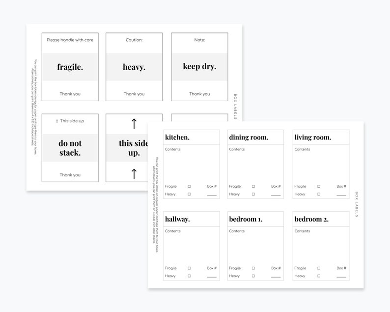 May include: Printable box labels for moving, with instructions like "fragile", "heavy", "keep dry", "do not stack", and "this side up".  The labels also include spaces to write the contents of the box, the box number, and whether the contents are fragile or heavy.