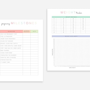Puede incluir: Un rastreador de hitos de embarazo imprimible con un esquema de color rosa y verde. El rastreador incluye una lista de hitos, como la primera ecograf&iacute;a, y un rastreador de peso con un gr&aacute;fico.