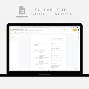 May include: A screenshot of a Google Slides presentation showing a cleaning schedule template. The template includes daily, weekly, and monthly cleaning tasks. The text "Cleaning Schedule" is at the top of the page.