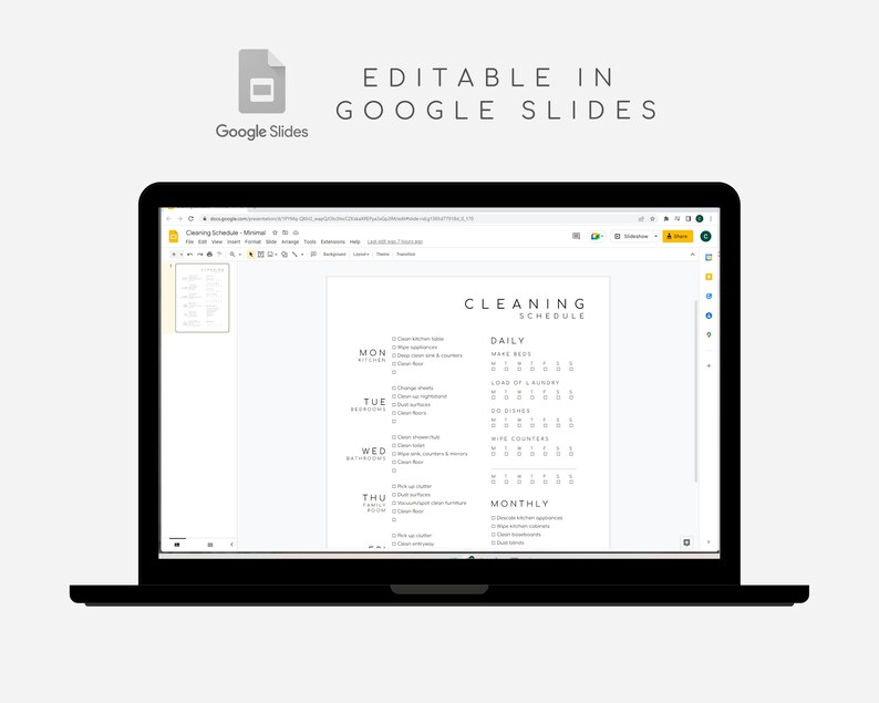 May include: A screenshot of a Google Slides presentation showing a cleaning schedule template. The template includes daily, weekly, and monthly cleaning tasks. The text "Cleaning Schedule" is at the top of the page.