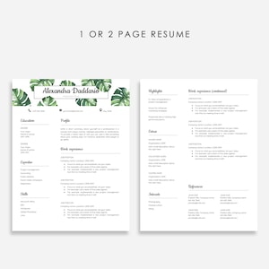 May include: A two-page resume template with a tropical leaf design. The resume includes sections for education, expertise, skills, work experience, highlights, extras, interests, and references. The text "1 or 2 page resume" is at the top of the page.