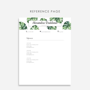 May include: A reference page with a floral design featuring green leaves. The page includes the name Alexandra Daddario, a job title, contact information, and a list of references with names, titles, phone numbers, and email addresses.