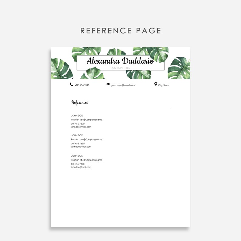 May include: A reference page with a floral design featuring green leaves. The page includes the name Alexandra Daddario, a job title, contact information, and a list of references with names, titles, phone numbers, and email addresses.