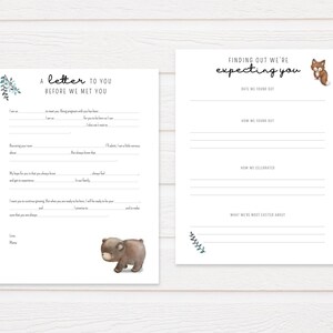 Puede incluir: Dos tarjetas imprimibles para un baby shower o una revelaci&oacute;n de g&eacute;nero. La tarjeta de la izquierda tiene una carta para el beb&eacute; con el texto "Una carta para ti antes de que nos conoci&eacute;ramos". La tarjeta de la derecha tiene el texto "Descubrimos que estamos esperando un beb&eacute;" con una ilustraci&oacute;n de un zorro.
