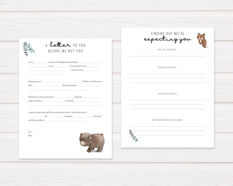 Puede incluir: Dos tarjetas imprimibles para un baby shower o una revelaci&oacute;n de g&eacute;nero. La tarjeta de la izquierda tiene una carta para el beb&eacute; con el texto "Una carta para ti antes de que nos conoci&eacute;ramos". La tarjeta de la derecha tiene el texto "Descubrimos que estamos esperando un beb&eacute;" con una ilustraci&oacute;n de un zorro.