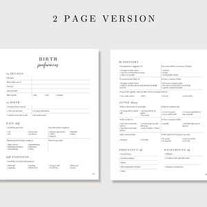 May include: A two-page printable birth preferences checklist with sections for details, birth, pain relief, positions, delivery, after, pregnancy, and background. The checklist includes options for pain relief, birth positions, delivery preferences, and postpartum care.