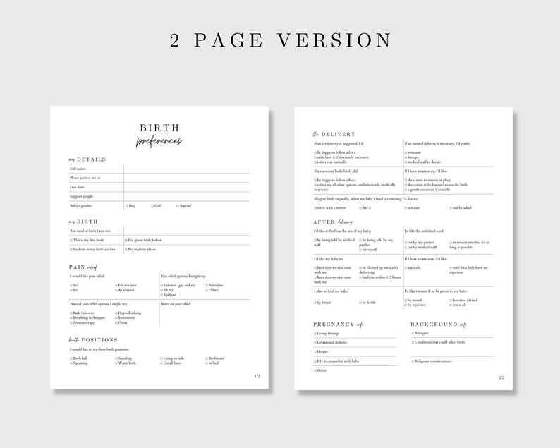 May include: A two-page printable birth preferences checklist with sections for details, birth, pain relief, positions, delivery, after, pregnancy, and background. The checklist includes options for pain relief, birth positions, delivery preferences, and postpartum care.