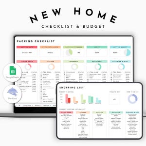 Op de afbeelding: Een digitaal sjabloon voor een checklist en budget voor een nieuwe woning, weergegeven op een laptop- en tabletscherm. De interface bevat een inpaklijst en een boodschappenlijst met kleurrijke grafieken en gecategoriseerde itemlijsten.