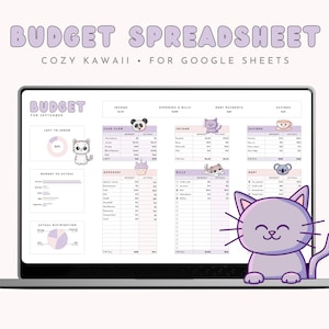 May include: A laptop screen displaying a budget spreadsheet with a cozy kawaii theme. The text "Budget Spreadsheet" is at the top, with "Cozy Kawaii • For Google Sheets" below. Cute cartoon animals decorate the spreadsheet.