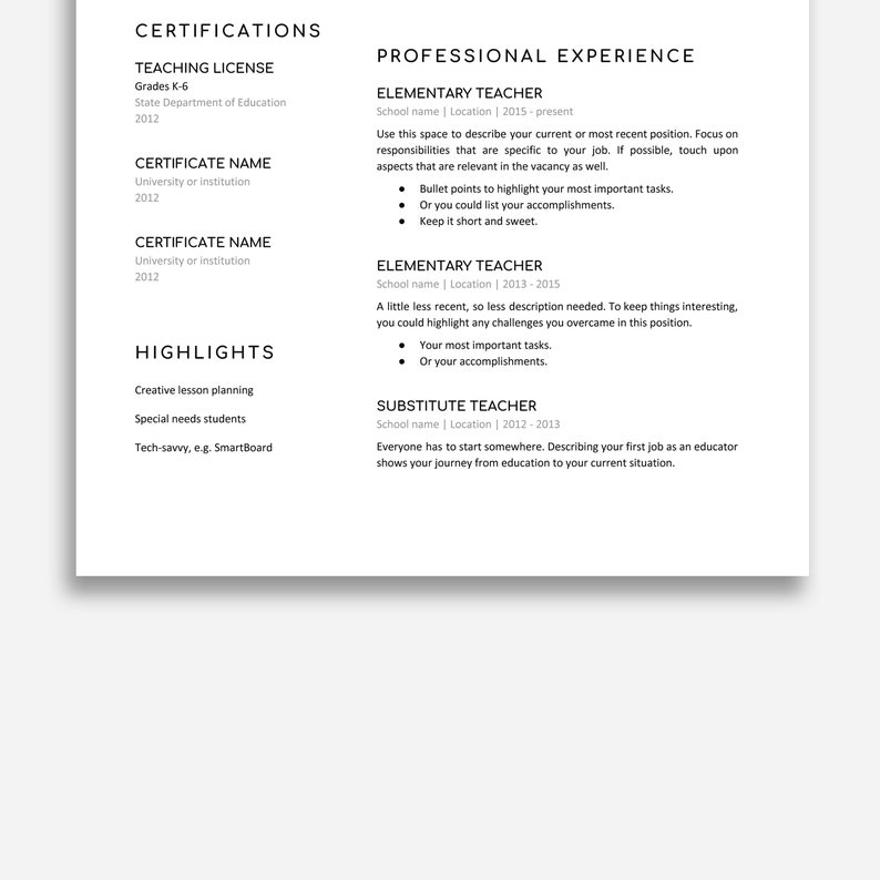 May include: A resume template with a black and white design. The resume is divided into sections for certifications, professional experience, and highlights. The sections are labeled with bold text. The resume is formatted to be easy to read and visually appealing.