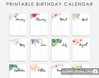 Geburtstagskalender drucken, Geburtstagskalender Aquarell Blumen, Geburtstagskalender digital, Kalender Geburtstage, Geburtstagskalender