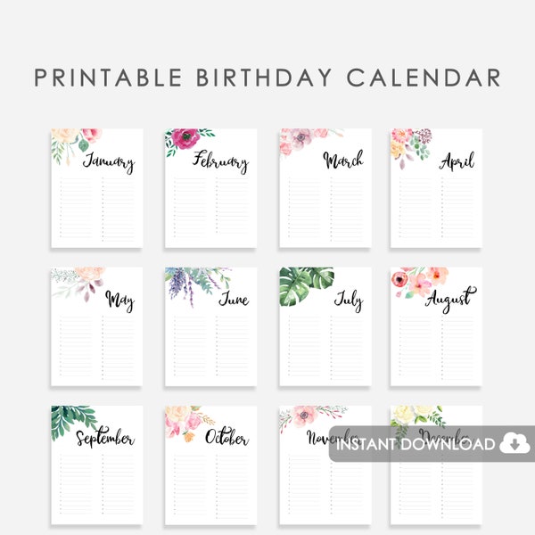 Wedding Guest Book Birthday Calendar Printable, Wedding Guest Book Printable Birthday Calendar, Perpetual Calendar for Birthdays, Watercolor