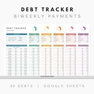 Puede incluir: Una hoja de cálculo digital de seguimiento de deudas que se muestra en la pantalla de un portátil. La hoja de cálculo está etiquetada como "Debt Tracker" e incluye secciones para pagos quincenales, con tablas de datos y gráficos. El texto en la parte inferior dice "30 Debts | Google Sheets."