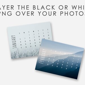 K&ouml;nnte beinhalten: Zwei druckbare Kalenderdesigns, eines mit einer verschneiten Waldszene und das andere mit einer Bergkette. Der Text "LAYER THE BLACK OR WHITE PNG OVER YOUR PHOTOS" befindet sich oben im Bild.