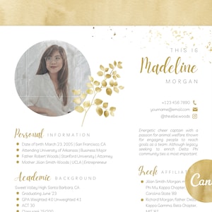May include: A gold and white resume template with a photo of a woman in the top left corner. The resume includes personal information, academic background, and Greek affiliations. The text "This is Madeline Morgan" is at the top of the page.