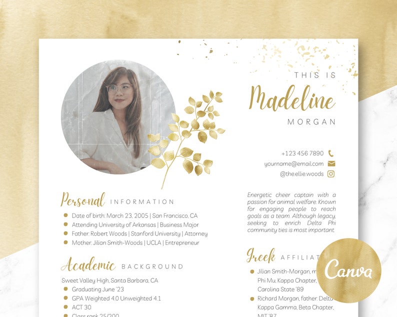 May include: A gold and white resume template with a photo of a woman in the top left corner. The resume includes personal information, academic background, and Greek affiliations. The text "This is Madeline Morgan" is at the top of the page.