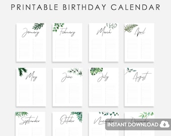 Perpetual Birthday Calendar Printable, Wedding Guest Book Printable, Printable Birthday Calendar Watercolor Greenery, Printable Perpetual