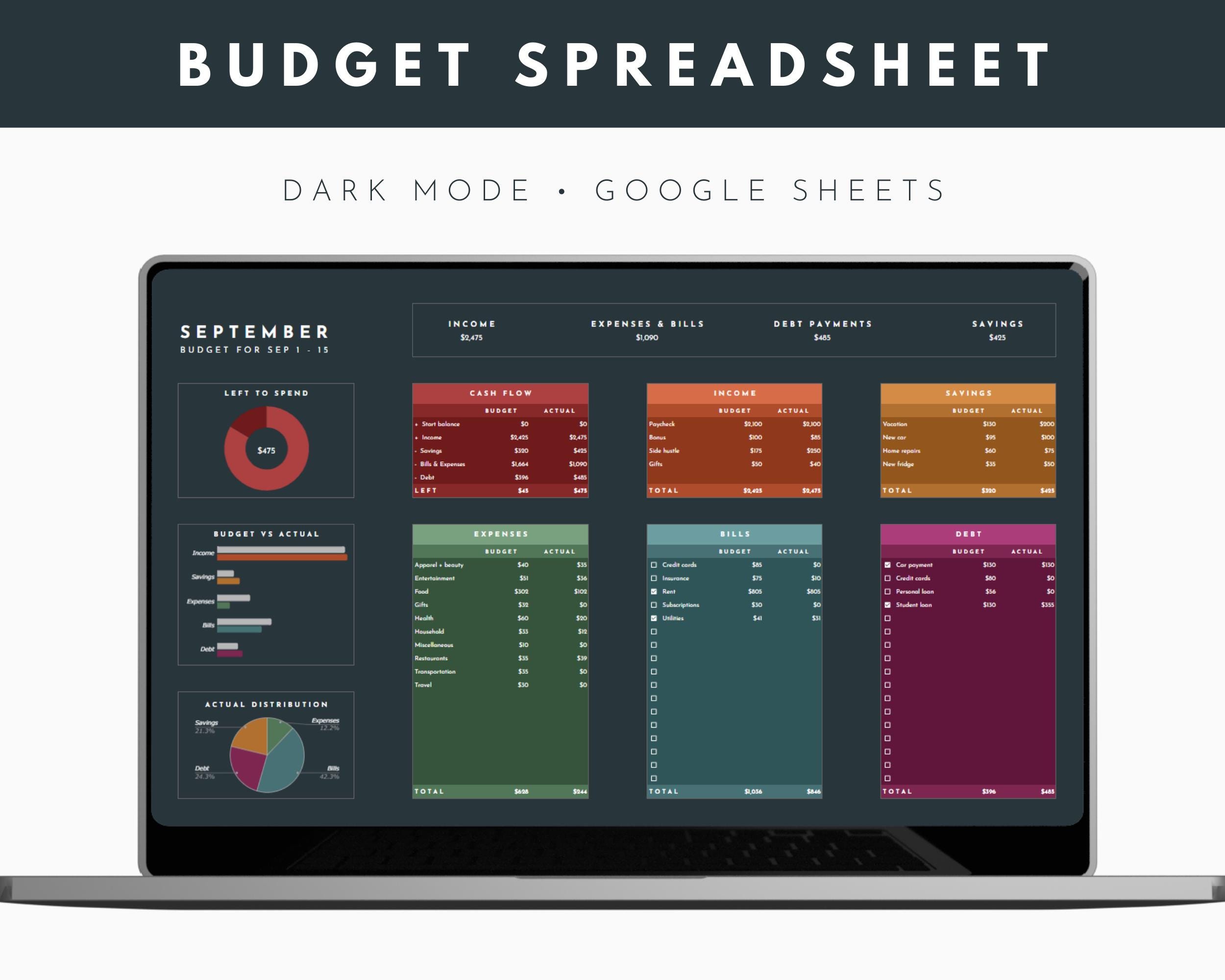 Budget Spreadsheet Dark Mode Google Sheets, Monthly Budget Planner ...