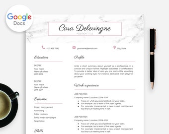 Marble Resume Template Google Docs, Google Docs Resume + Cover Letter With Marble and Pink Accents, Classic Resume Template Google Doc