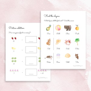 May include: A printable worksheet with two activities for kids. The first activity is a picture addition worksheet with images of fruit. The second activity is a find the rhyme worksheet with images of a pear, ball, bear, peach, cat, hat, crab, palm, rocks, rain, shell, and fox.