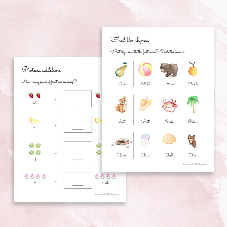 May include: A printable worksheet with two activities for kids. The first activity is a picture addition worksheet with images of fruit. The second activity is a find the rhyme worksheet with images of a pear, ball, bear, peach, cat, hat, crab, palm, rocks, rain, shell, and fox.