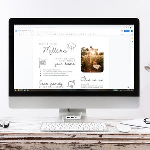May include: A computer screen displaying a real estate listing for a home. The listing includes a photo of the home's exterior, a description of the home's features, and the address of the home. The text on the screen reads "Meet the Millers", "What we love most about your home", "The unique architecture", "An outdoor patio for weekly dinner parties", "The house is in a non-concet/ quiet area", "The house is completely drafty", "It completely feels like home", "Dear family", "Of 123 Main Street", "This is us", "Connor", "Dad dash yourself who loves to go hiking on the weekends with".