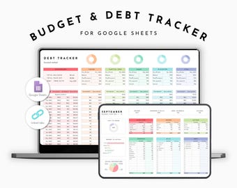 May include: A laptop and tablet display a budget and debt tracker spreadsheet for Google Sheets. The spreadsheet has colorful sections for tracking expenses, income, and debt payments. The text "Budget & Debt Tracker" is at the top.