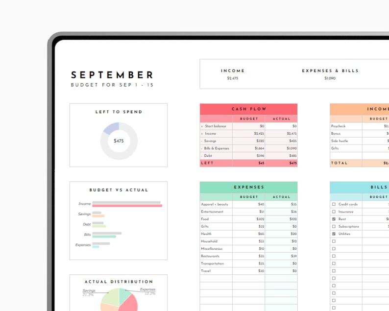 May include: A monthly budget planner for September with sections for income, expenses, bills, and cash flow. The planner includes charts and graphs to track spending and savings. The planner is designed to help users manage their finances and reach their financial goals.