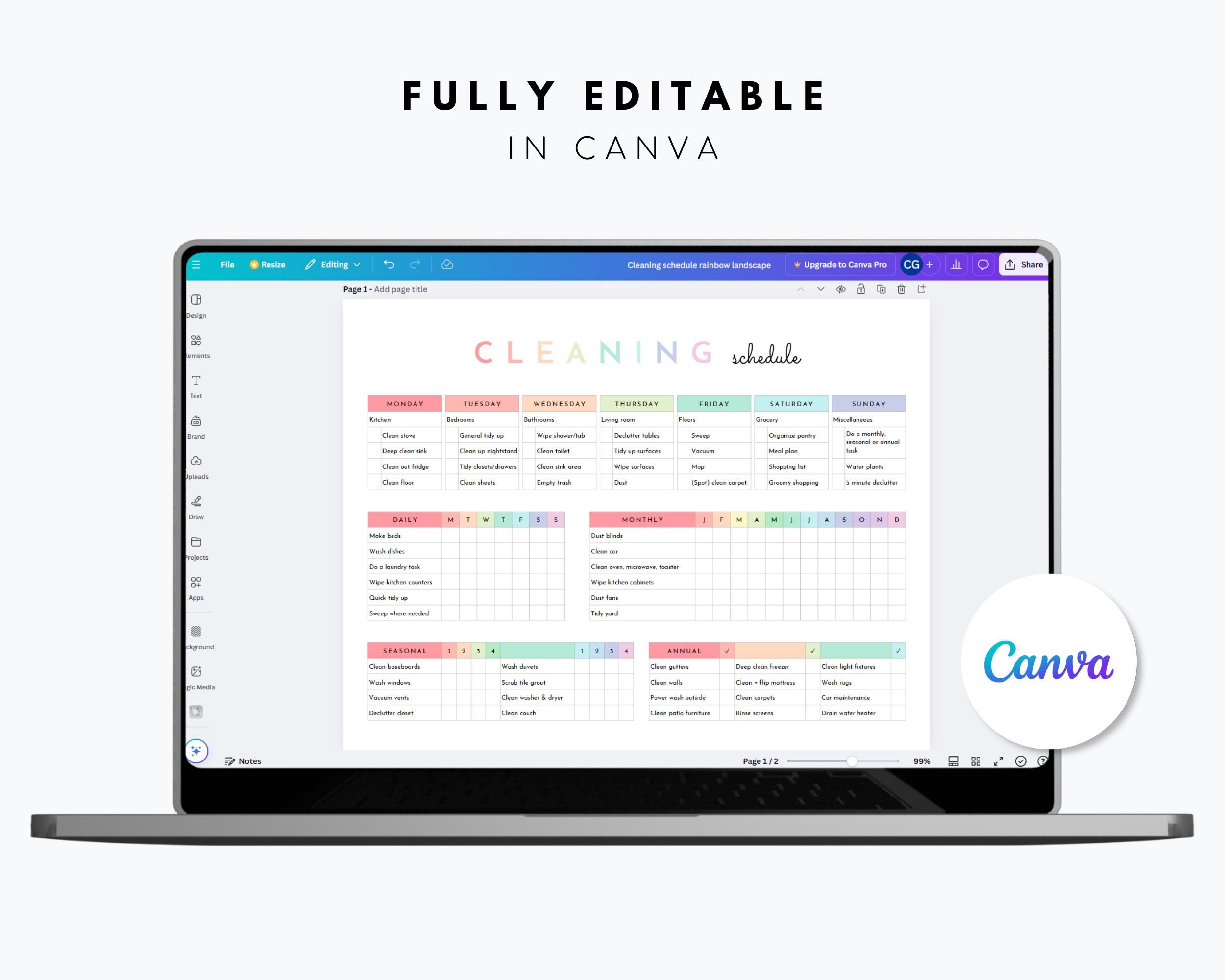 Editable Cleaning Schedule Canva - Daily, Weekly, Monthly, Seasonally ...
