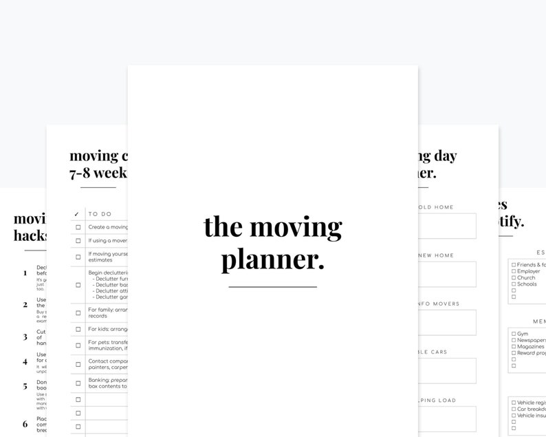 May include: A printable checklist and planner for moving day. The checklist includes tasks to complete 7-8 weeks before moving day, such as creating a moving budget, decluttering, and arranging for pet transportation. The planner includes sections for old and new home addresses, contact information for movers, vehicle information, and a packing list.