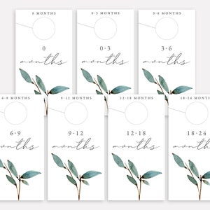 May include: Set of eight white baby clothing size tags with a green watercolor leaf design and black text. The tags are labeled with the following age ranges: 0 months, 0-3 months, 3-6 months, 6-9 months, 9-12 months, 12-18 months, and 18-24 months.