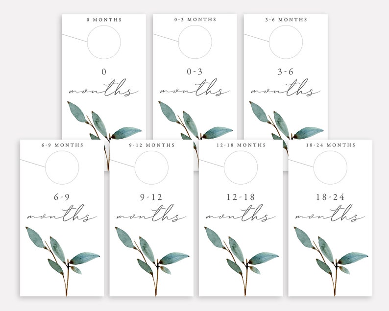May include: Set of eight white baby clothing size tags with a green watercolor leaf design and black text. The tags are labeled with the following age ranges: 0 months, 0-3 months, 3-6 months, 6-9 months, 9-12 months, 12-18 months, and 18-24 months.
