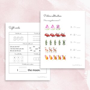 May include: A printable worksheet for kids to practice sight words and picture subtraction. The worksheet features the word "see" and images of watermelons, cars, plants, llamas, and popsicles.