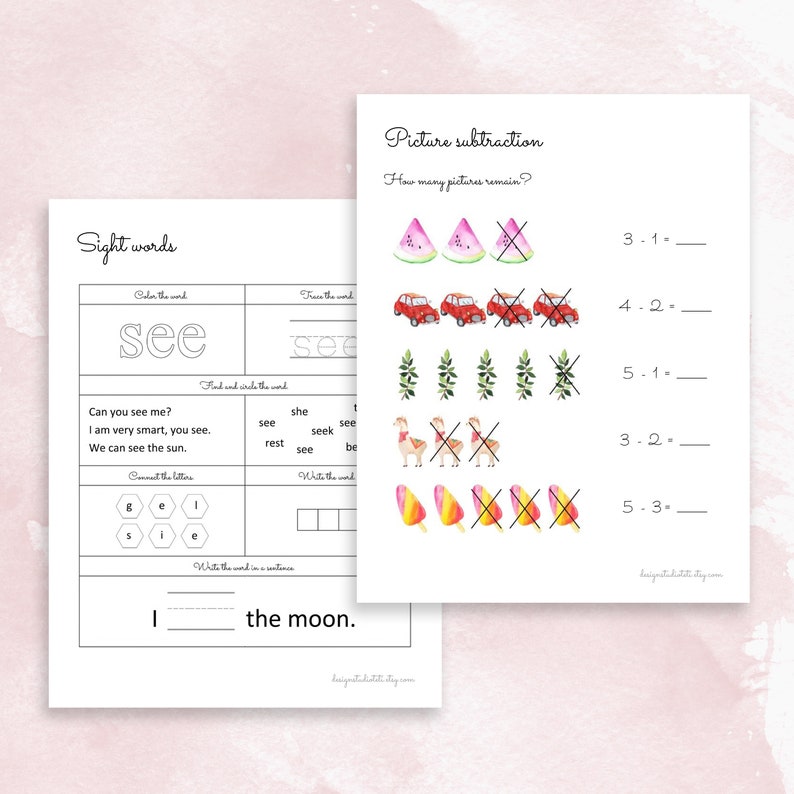 May include: A printable worksheet for kids to practice sight words and picture subtraction. The worksheet features the word "see" and images of watermelons, cars, plants, llamas, and popsicles.