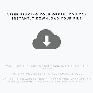 May include: A gray cloud icon with a downward arrow inside, indicating a download. Text reads: "After placing your order, you can instantly download your file. You'll see the link to your download right on the screen. The link will be sent to your email as well. You can also access your file from your account. Go to your account > purchases and download files."