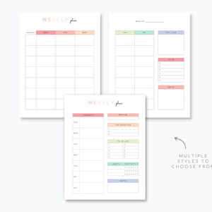 May include: Three different printable weekly planner templates with pastel colors. The first template has a subject column and columns for each day of the week. The second template has a section for top priorities, a to-do list, and a section for habits. The third template has a section for each day of the week and a notes section.