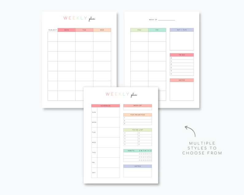 May include: Three different printable weekly planner templates with pastel colors. The first template has a subject column and columns for each day of the week. The second template has a section for top priorities, a to-do list, and a section for habits. The third template has a section for each day of the week and a notes section.