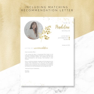 May include: A white letter of recommendation with a gold leaf design and a photo of a woman in the top left corner. The letter is addressed to a dear recruitment officer and is written by Jane Doe. The letter is dated 1st January 2023. The letter is for Madeline Morgan.