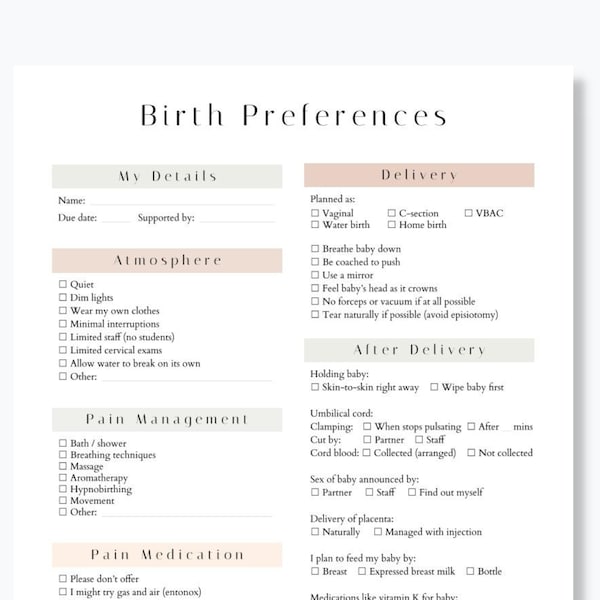 Birth Plan Template, Neutral Colors, Canva, Word, Google Docs and Google Slides