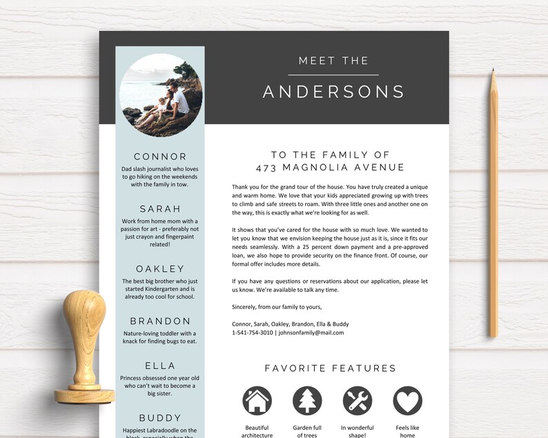 May include: A light blue and gray welcome letter for a family of five. The letter includes a photo of the family, a description of each family member, and a list of favorite features of the house. The text includes the address 473 Magnolia Avenue.