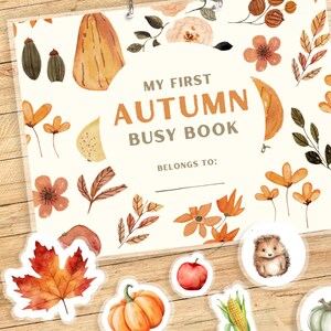 May include: A cream-colored "My First Autumn Busy Book" with watercolor illustrations of pumpkins, leaves, and flowers. Includes stickers of fall-themed images like a hedgehog, apple, and corn. The book has a space to write "Belongs To:"