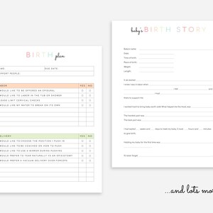 Puede incluir: Un plan de parto y una lista de verificaci&oacute;n de la historia del parto imprimibles. El plan de parto incluye una lista de verificaci&oacute;n de las preferencias de trabajo de parto y parto con opciones de s&iacute; o no. La lista de verificaci&oacute;n de la historia del parto incluye secciones para el nombre del beb&eacute;, la fecha, la hora de nacimiento, el peso, la longitud y m&aacute;s.