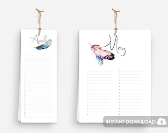 Printable Birthday Calendar with Feathers in Watercolor Art | Perpetual Birthday Annual Event Planner | Birthday Calendar Printable Download