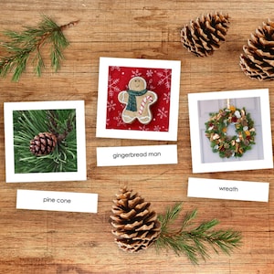 Hoja de trabajo Montessori de Navidad en inglés, tarjetas de tres partes