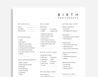 Puede incluir: Una lista de verificación imprimible para planificar un nacimiento. La lista de verificación incluye secciones para Mis datos, Parto, Ambiente, Manejo del dolor, Posiciones de parto, Después del parto e Información de salud. La lista de verificación está diseñada para ayudar a los futuros padres a planificar su experiencia de parto.