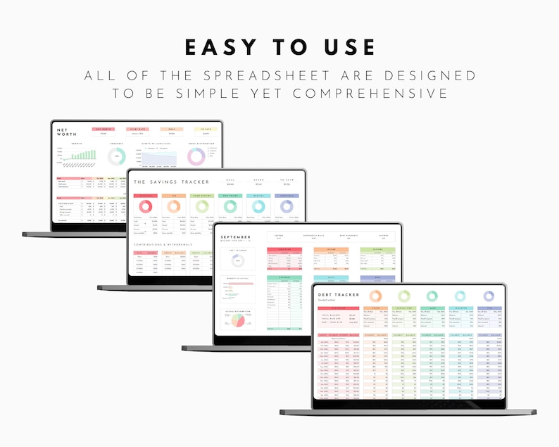 May include: Four laptops displaying colorful spreadsheet templates. The text "EASY TO USE" and "ALL OF THE SPREADSHEET ARE DESIGNED TO BE SIMPLE YET COMPREHENSIVE" are at the top. The spreadsheets include "THE SAVINGS TRACKER" and "DEBT TRACKER".