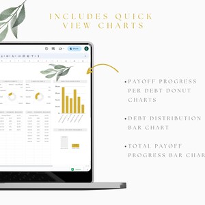 May include: A computer screen displaying a spreadsheet with charts and graphs. The spreadsheet includes a debt distribution bar chart, a total payoff progress bar chart, and payoff progress per debt donut charts. The text "INCLUDES QUICK VIEW CHARTS" is at the top of the screen.